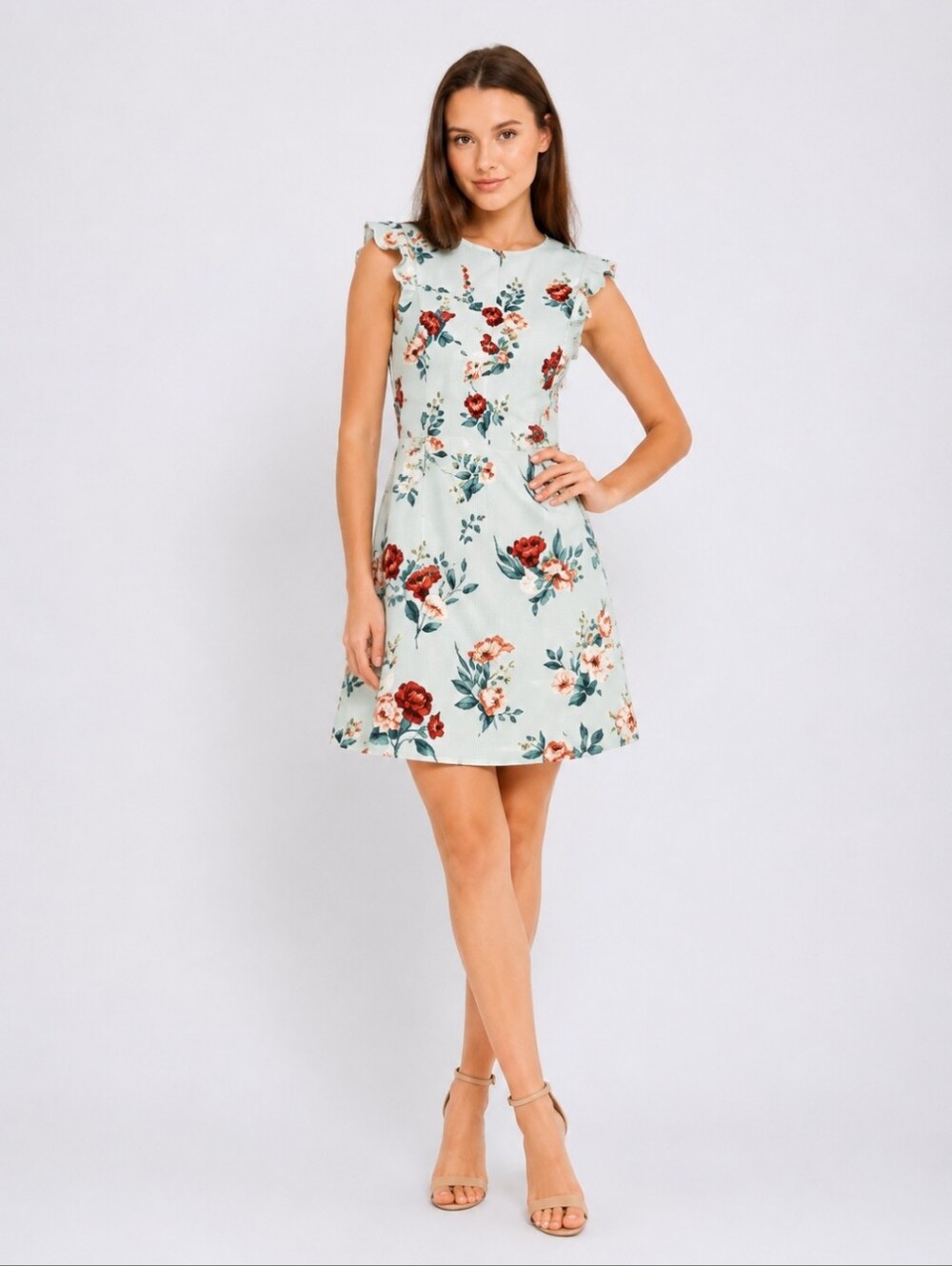 Mango Floral Frill Sleeve Mini Dress Pink Blue Romantic Chic